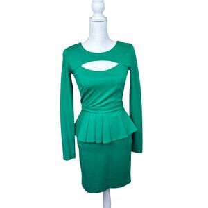Vintage Bebe Green Y2K Long Sleeve Peplum Dress XS Retro Glam